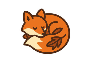 Orange fox curled up sleeping in a cozy ball with stylized autumn leaf design