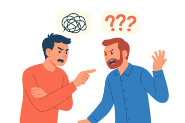 Two angry men arguing and pointing fingers during a heated conflict with speech bubbles showing confusion