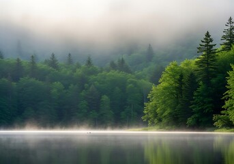 Misty Morning Serenity - Lake Reflections and Forest Awakening.