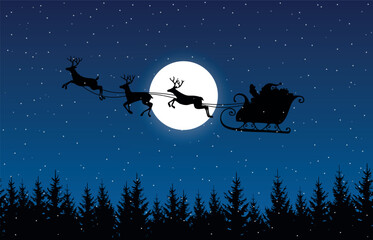 Naklejka premium Vector christmas landscape with santa's sleigh carrying presents with reindeer flying over full moon above dark forest at night
