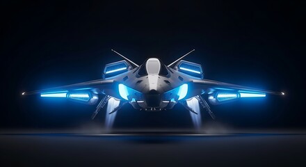 Futuristic Fighter Jet with Neon Blue Lights on Dark Background.