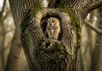 Owls Serene Sanctuary - A Tawny Owl in a Tree Hollow.