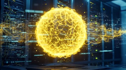 Abstract glowing energy orb visual effect in a server room data center - Powered by Adobe