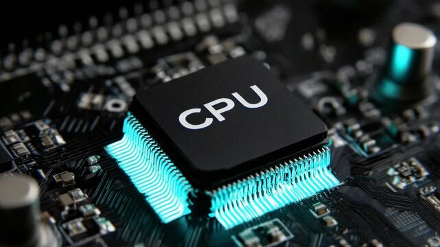 A central processing unit (CPU) mounted on a motherboard with a blue-lit cooling heatsink.