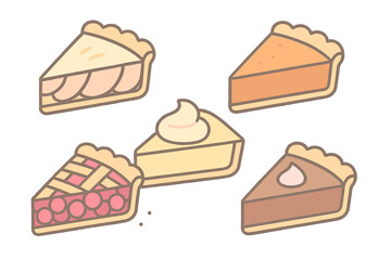 Collection of five sweet dessert pie slices including fruit, pumpkin, and cream flavors