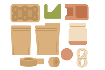 Sustainable packaging mockups set featuring kraft pouches jar tray and natural materials