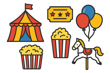 Classic carnival and circus elements: big top tent, admission ticket, popcorn, and carousel horse