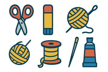 Colorful set of essential crafting tools and materials including scissors, glue, yarn, thread, and needle
