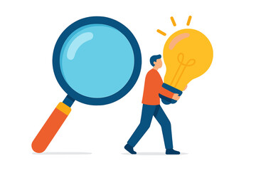 Person walking with a glowing light bulb next to a giant magnifying glass