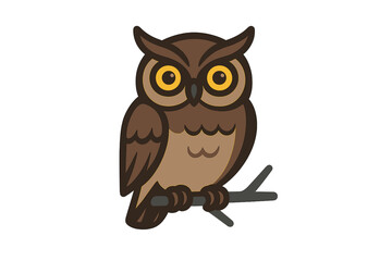 Cute brown owl mascot sitting on a tree branch with large yellow eyes and prominent ear tufts