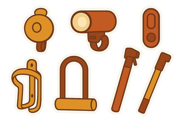 Collection of essential bicycle accessories including lights, lock, pump, and bottle cage