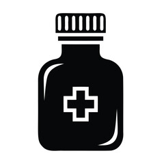 Black medicine bottle with white cross pill bottle