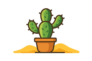Stylized green cactus plant growing in a terracotta pot on yellow sand dunes