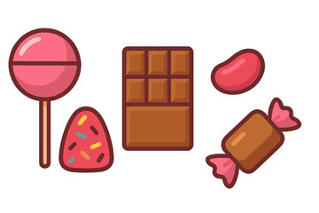 Lollipop, chocolate bar, jelly bean, and wrapped caramel candy treats icon set