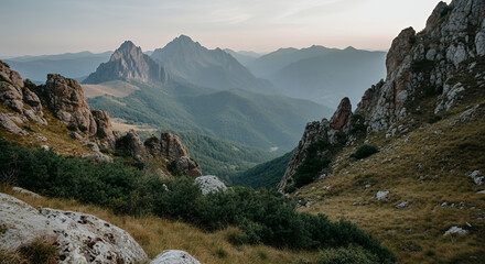 Obraz premium Majestic mountain landscape at sunset, rocky peaks and green valleys, breathtaking scenery, copy space