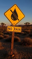 Humorous Desert Sign - No Rain Warning in Arid Landscape.