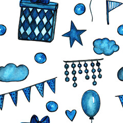 A seamless raster pattern of blue festive balloons, garlands, clouds, and gifts. Bright, watercolor-painted holiday elements for wrapping paper.