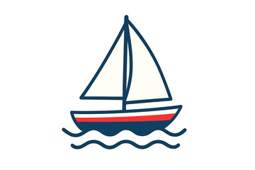 Stylized sailboat with white sails floating on blue waves against a white backdrop