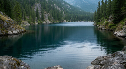 Misty mountain lake surrounded by coniferous forests, tranquil waters, serene landscape, copy space
