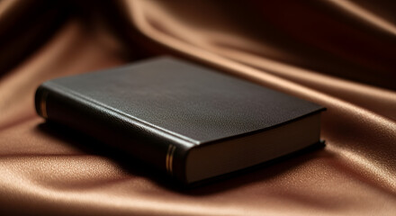 Closed elegant black book on satin fabric, luxurious, classic style, brown tones, copy space
