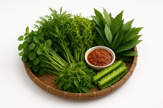 Malaysian Ulam Platter with Fresh Herbs and Sambal