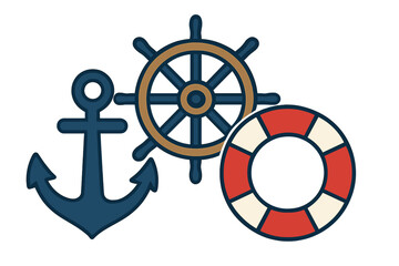 Obraz premium Traditional nautical set with ship's wheel, large anchor, and safety lifebuoy