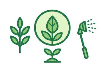 Symbols representing plant life cycle stages and agricultural care tools for farming