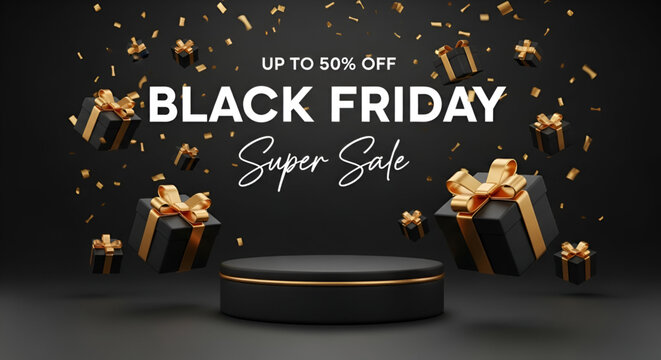 A luxurious and elegant three dimensional composition of a super sale for Black Friday with golden confetti falling around a podium and gift boxes on a dark background for commercial use.