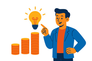 Businessman pointing at a bright idea lightbulb next to rising stacks of golden coins symbolizing financial growth and success