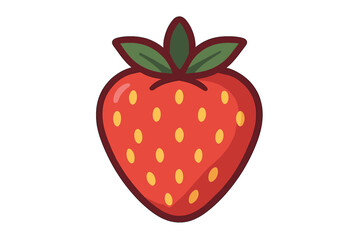 Ripe red strawberry fruit with green leaves and yellow seeds on a white background