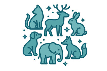 Set of stylized domestic and wild animal icons including cat dog deer rabbit elephant and fox in teal