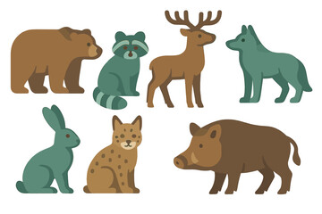 Stylized collection of forest animals including bear, deer, wolf, raccoon, rabbit, bobcat, and wild boar