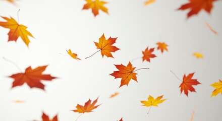 Falling autumn leaves against a white background