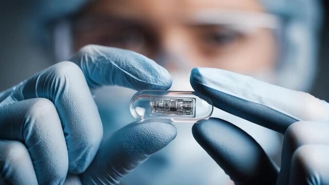 Scientist in gloves holds a clear capsule with embedded electronics, an ingestible medical sensor (smart pill).