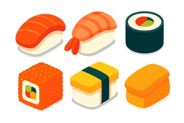 Delicious assortment of traditional Japanese sushi nigiri and maki rolls in isometric style © icon_art