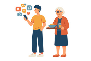 Young man ignoring his elderly mother or grandmother while scrolling social media on his mobile phone