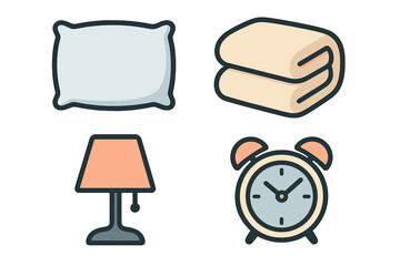 Set of essential bedroom items including pillow blanket lamp and classic alarm clock