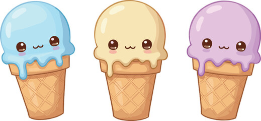 Adorable kawaii ice cream cone illustration set with smiling cute faces and pastel colors perfect for summer dessert cartoon design
