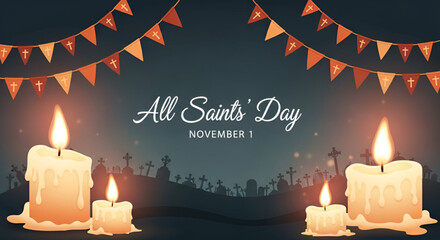 A heartfelt tribute to All Saints' Day, honoring the souls of the deceased with glowing candles and peaceful cemetery scenes under a sky adorned with festive bunting.