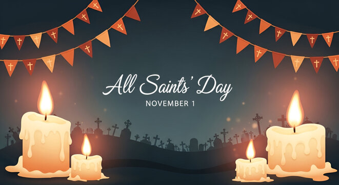 A heartfelt tribute to All Saints' Day, honoring the souls of the deceased with glowing candles and peaceful cemetery scenes under a sky adorned with festive bunting.
