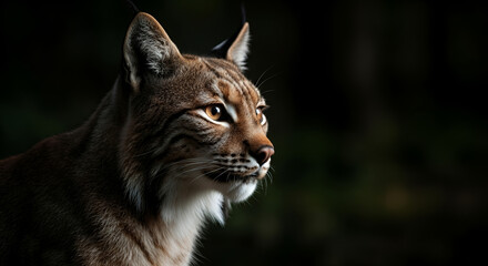Fototapeta premium Close-up of a majestic lynx in low light, sharp gaze, wild beauty, wildlife portrait, copy space