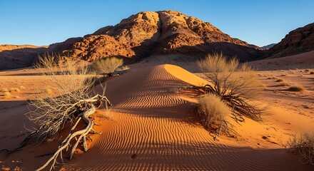 Desert Landscape with Sand Dunes and Mountains in Wadi Rum, Jordan.