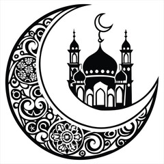 Crescent Moon with Mosque Silhouette,Islamic Art for Ramadan Kareem and Eid Mubarak,Moon vector, Moon design, Moon concept,Moon cartoon, Moon icon,Moon template,Moon art,Moon topics,Moon doodle