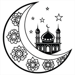 Crescent Moon with Mosque Silhouette,Islamic Art for Ramadan Kareem and Eid Mubarak,Moon vector, Moon design, Moon concept,Moon cartoon, Moon icon,Moon template,Moon art,Moon topics,Moon doodle