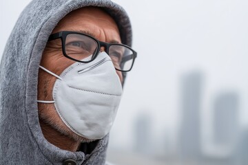 Close up of a man in glasses and hoodie wearing protective face mask against air pollution, blurred city skyline in the background, concept of urban health and safety