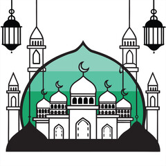 Islamic Mosque with Arabic Calligraphy and Lanterns,,Ramadan Kareem and Eid Mubarak Vector Illustration,Ramadan and Eid Mubarak Background