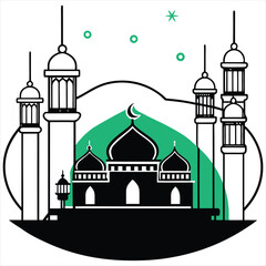 Islamic Mosque with Arabic Calligraphy and Lanterns,,Ramadan Kareem and Eid Mubarak Vector Illustration,Ramadan and Eid Mubarak Background