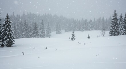Snowy landscape with evergreen trees and winter snowfall
