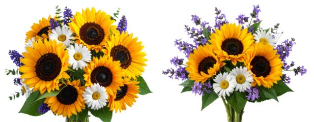 Sunflower, Daisy, and Purple Wildflower Bouquet, Isolated on Transparent Background