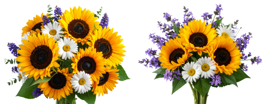 Sunflower, Daisy, and Purple Wildflower Bouquet, Isolated on Transparent Background